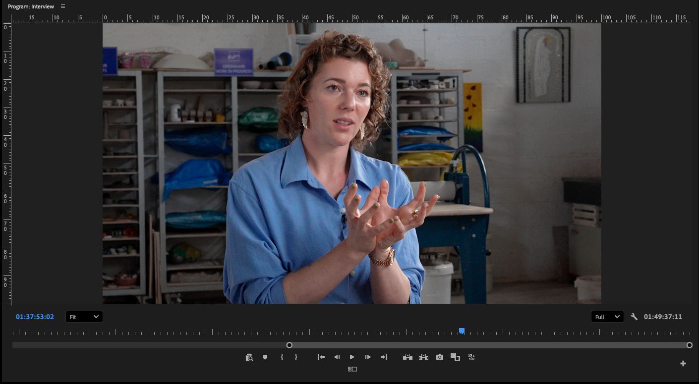 An Adobe Premiere timeline showing an interview with a ceramicist in her studio